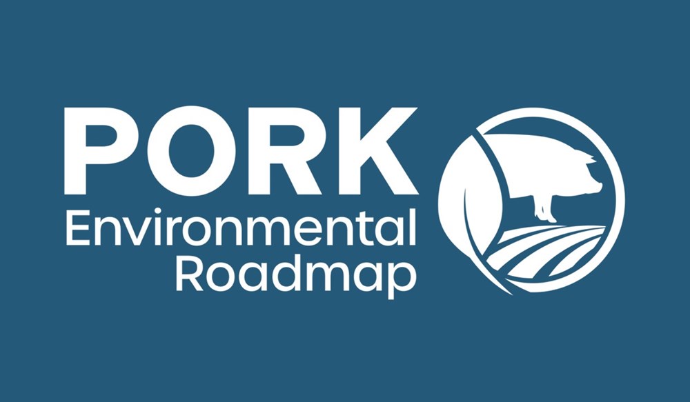 Blue graphic with text that states: Pork Environmental Roadmap.